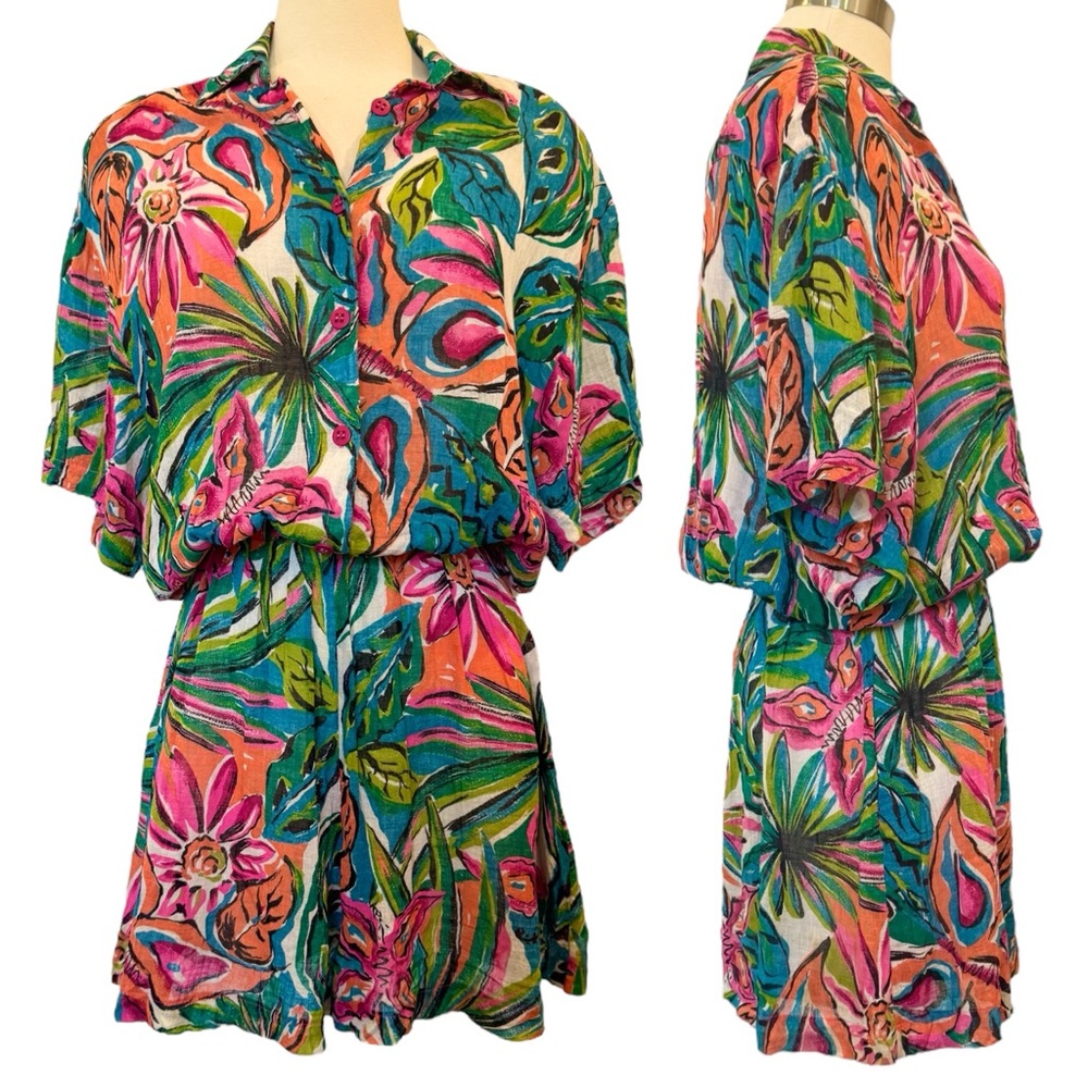 Vintage 80s Tropical Floral Print Sirena Romper One Piece Shorts Jumpsuit M